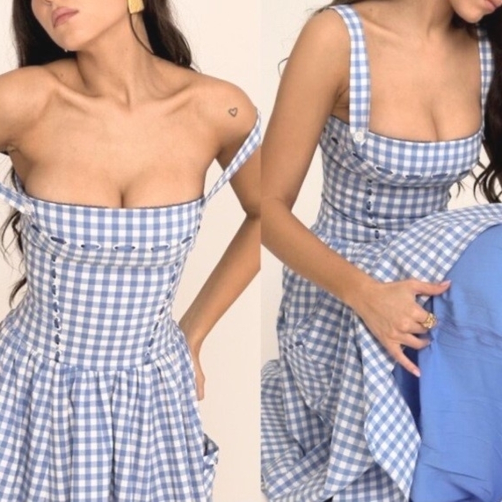 HOUSE OF CB 'Vivien' Blue Gingham Midi Dress NWT